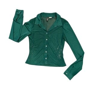 H & M Divided Deep Emerald Green Sheer Cropped Button Down Blouse S